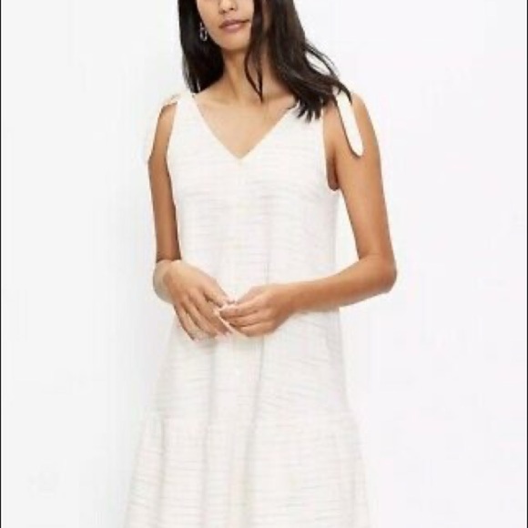 LOFT Bow Strap Button Front Linen Stripes Flounce Dress Ivory Multi-Color Medium - Picture 2 of 14